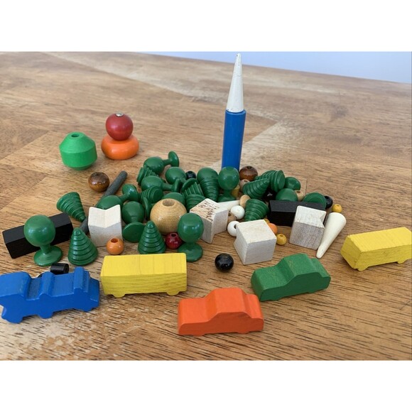 Vintage Wooden Blocks Train Car Trees Spheres Lot Wood Toy - Picture 2 of 3